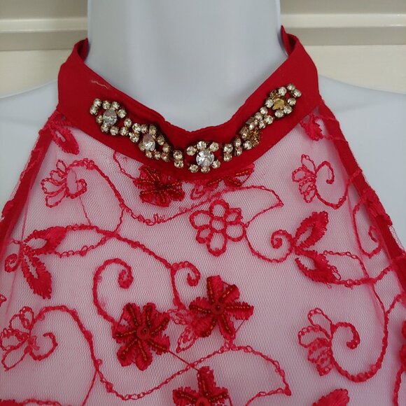 Lydia Red Crystal Beaded Lacy  Halter Top Large - Picture 2 of 10